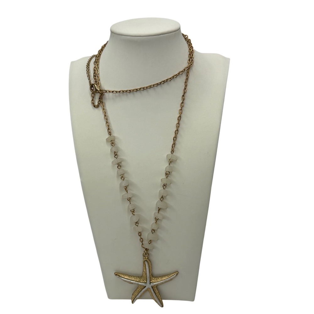 Gold Starfish Pendant Necklace Sea‎ Glass Beads Nautical Coastal Beachy Vacation